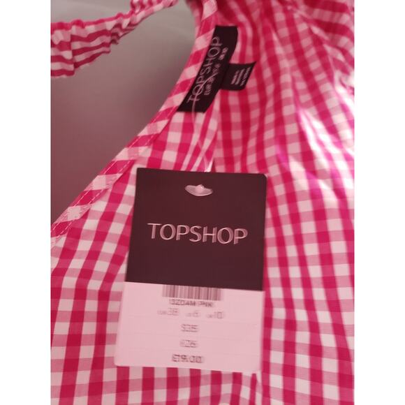 TOPSHOP Maggie Bardot‎ Gingham Pink White Checkered Plaid Off the Shoulder SZ 6 - Picture 4 of 5